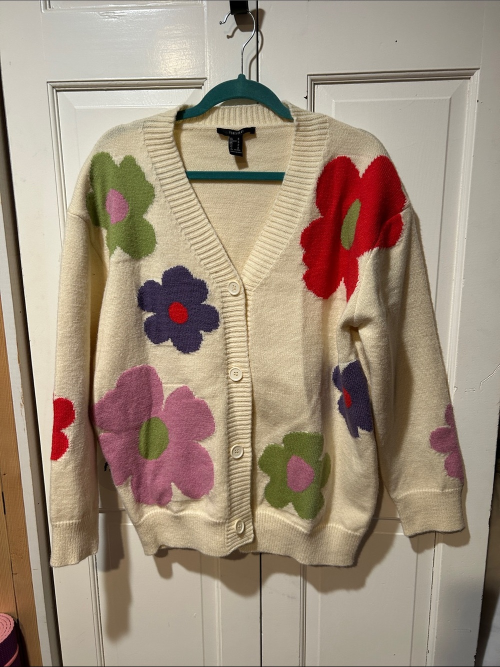 Forever 21 Cream Floral Button-Front Cardigan with Red, Pink & Green Flowers